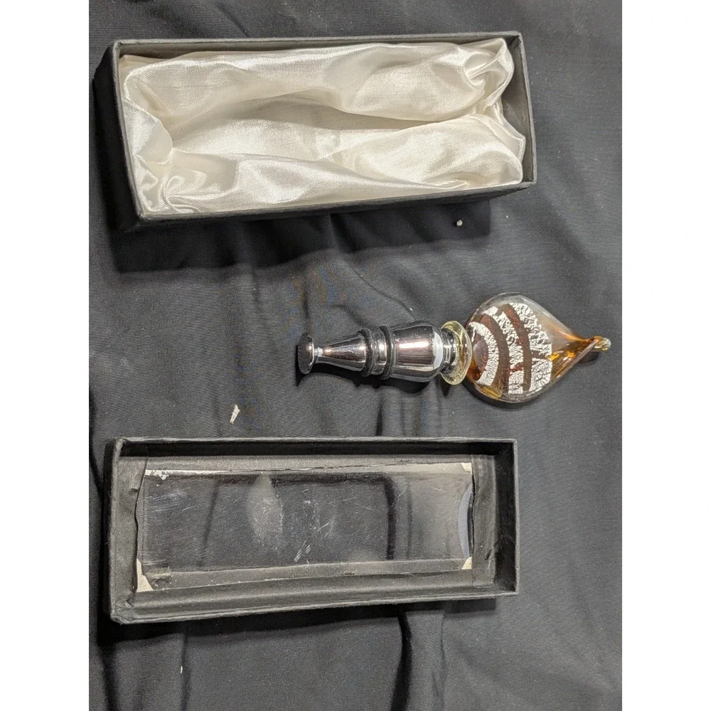 Hand-Blown Amber & Silver Leaf Art Glass Wine Stopper - New in‎ Box